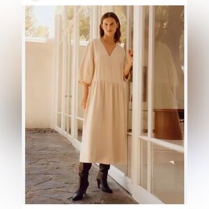 EVERLANE Tencel Puff Sleeve Midi Dress Size Medium Neutral Beige Minimal Pockets